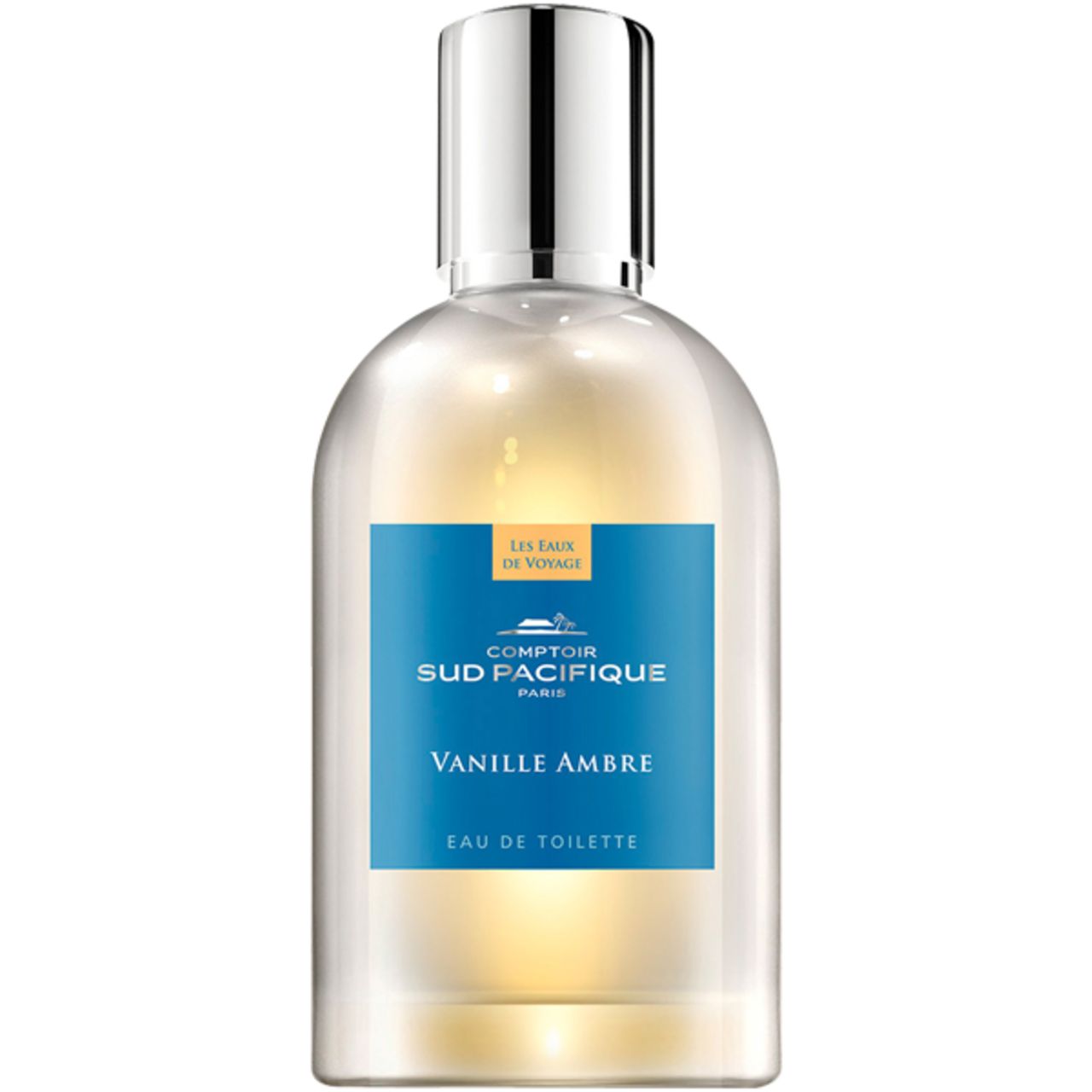 Flacone di profumo con tappo argentato. Etichetta blu: Comptoir Sud Pacifique, Vanille Ambre, Eau de Toilette.