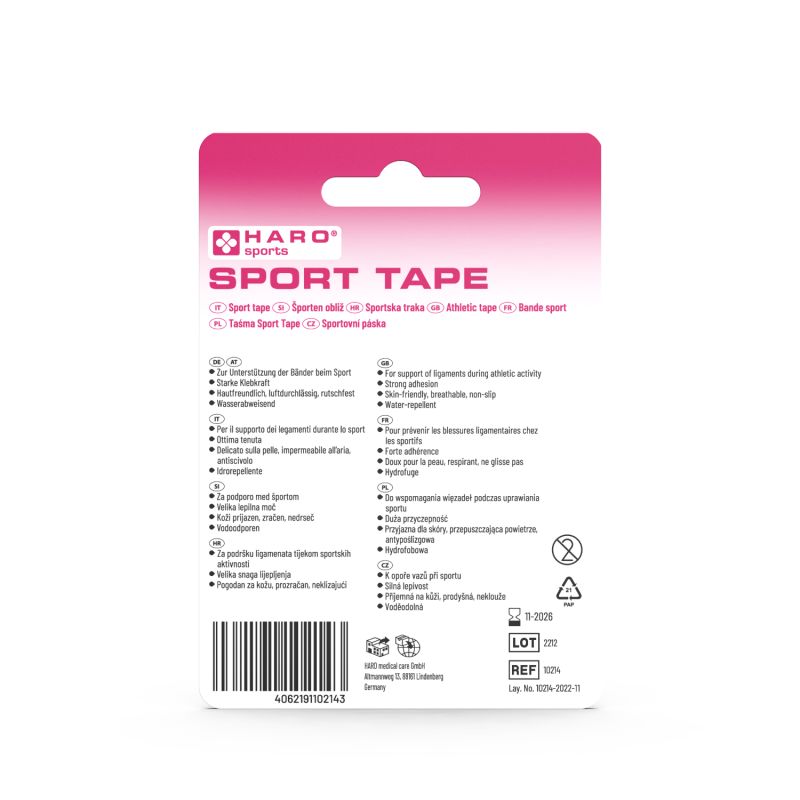 Retro della confezione Haro Sport Tape. Sfondo rosa con nome e logo del prodotto. Testo multilingue, informazioni.