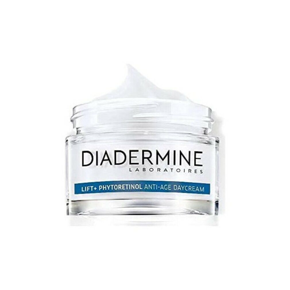 Vasetto di vetro con crema bianca. Testo: Diadermine, Lift+ Phytoretinol Anti-Age Daycream. Coperchio e vetro trasparenti.
