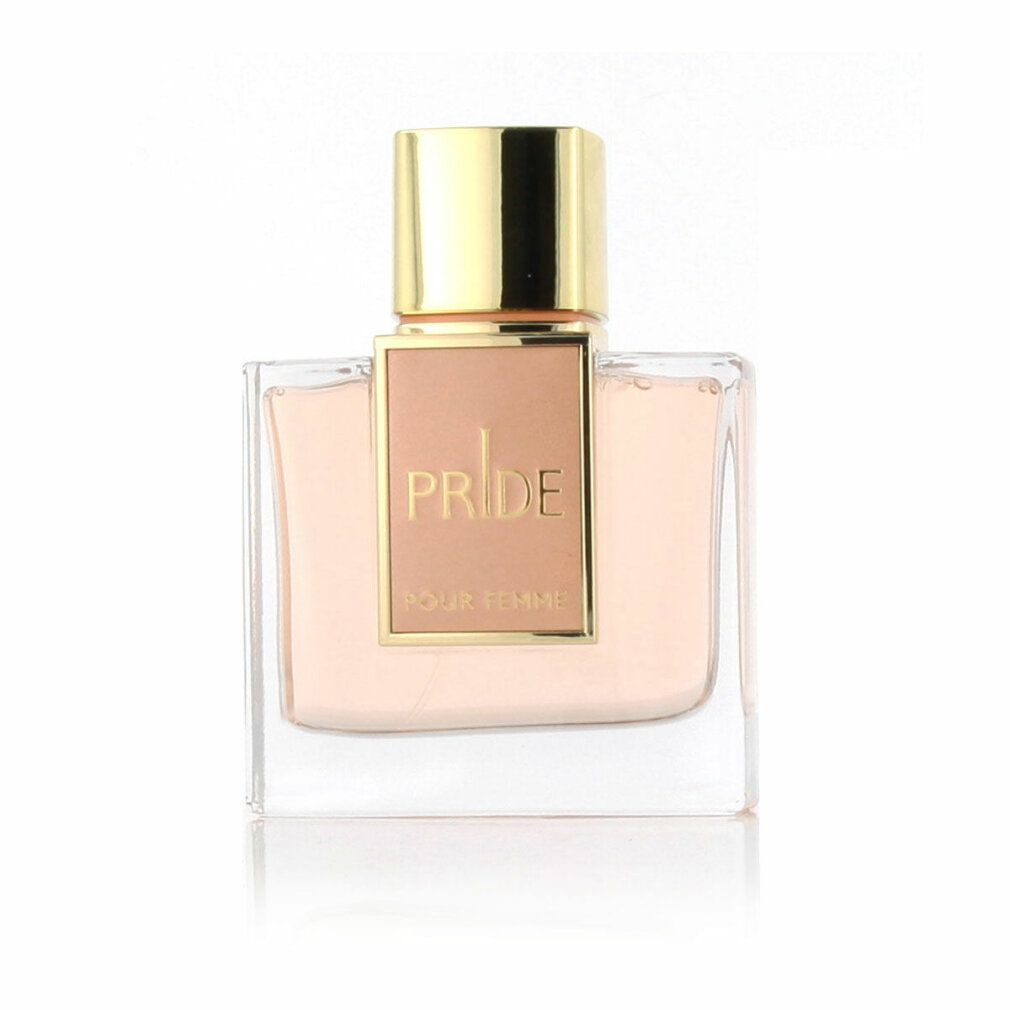 Flacone di profumo. Flacone rettangolare con tappo dorato ed etichetta con la scritta "PRIDE POUR FEMME".