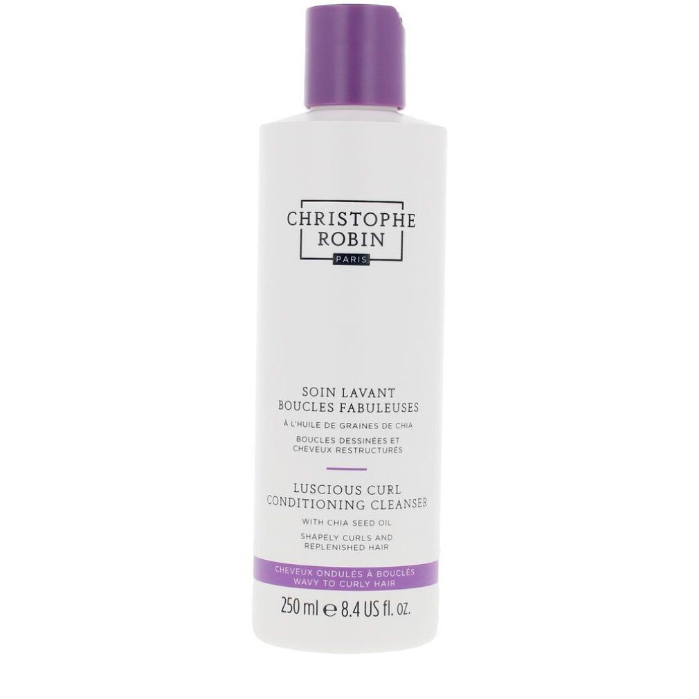 Shampoo bianco, tappo viola. Testo: Christophe Robin, Luscious Curl Conditioning Cleanser. 250 ml. Per capelli mossi e ricci.