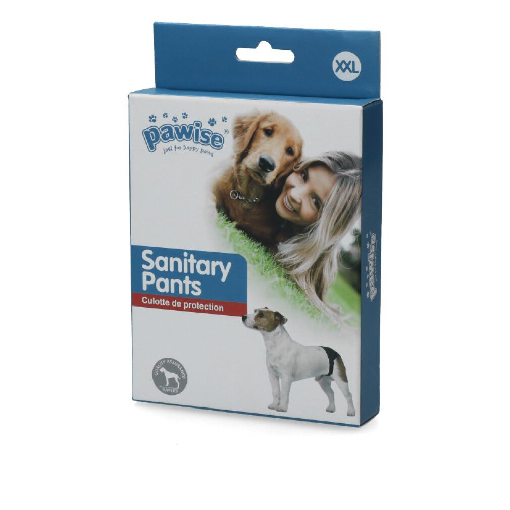 Confezione Pawise Sanitary Pants. Immagine di cane e donna. Testo: Sanitary Pants, XXL.