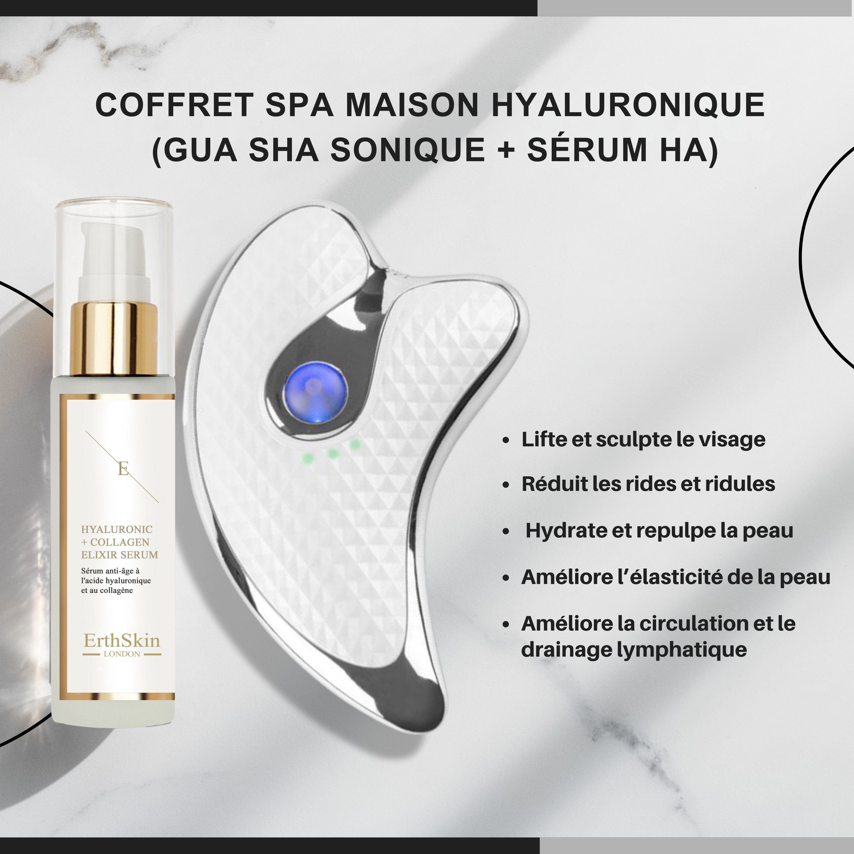 Kit ErthSkin London. Include siero e strumento Gua Sha. Testo: Coffret Spa Maison Hyaluronique. Funzioni: Solleva, idrata, ecc.