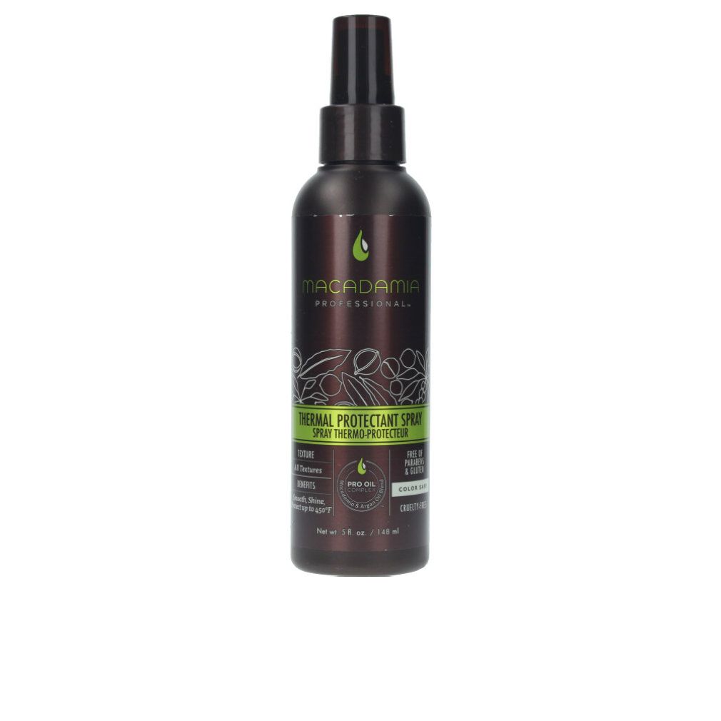 Flacone spray marrone con etichetta verde. Testo: Macadamia Professional, Thermal Protectant Spray. Contiene olio di argan e macadamia.