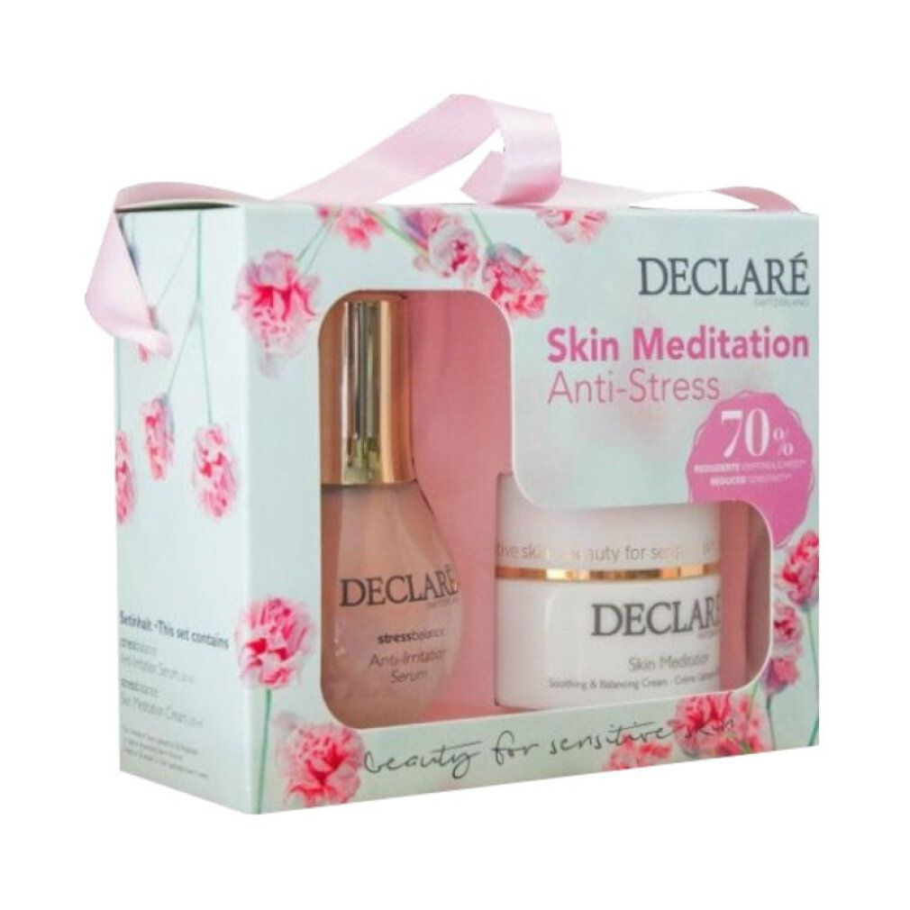 Confezione regalo DECLARÉ Skin Meditation Anti-Stress con siero e crema. Confezione floreale con nastro rosa.