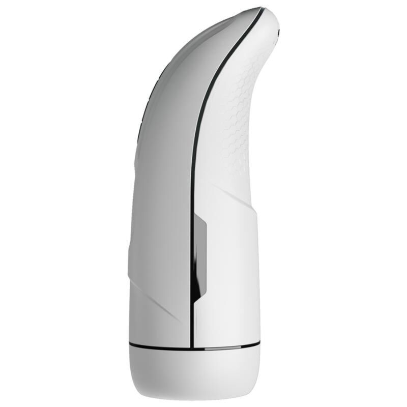 Vista laterale di un masturbatore bianco dal design ergonomico con accenti neri.