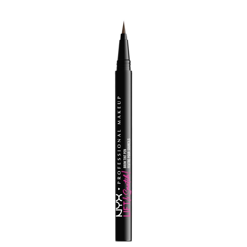 Penna nera con punta marrone. Scritta: NYX PROFESSIONAL MAKEUP, Lift n Snatch. Prodotto per sopracciglia.