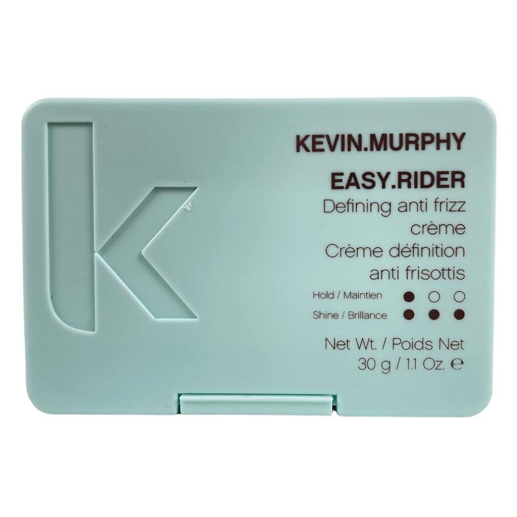 Prodotto azzurro rettangolare con coperchio ribaltabile. Scritta: KEVIN.MURPHY, EASY.RIDER, crema anti-crespo. Peso netto 30 g / 1,1 oz. e.
