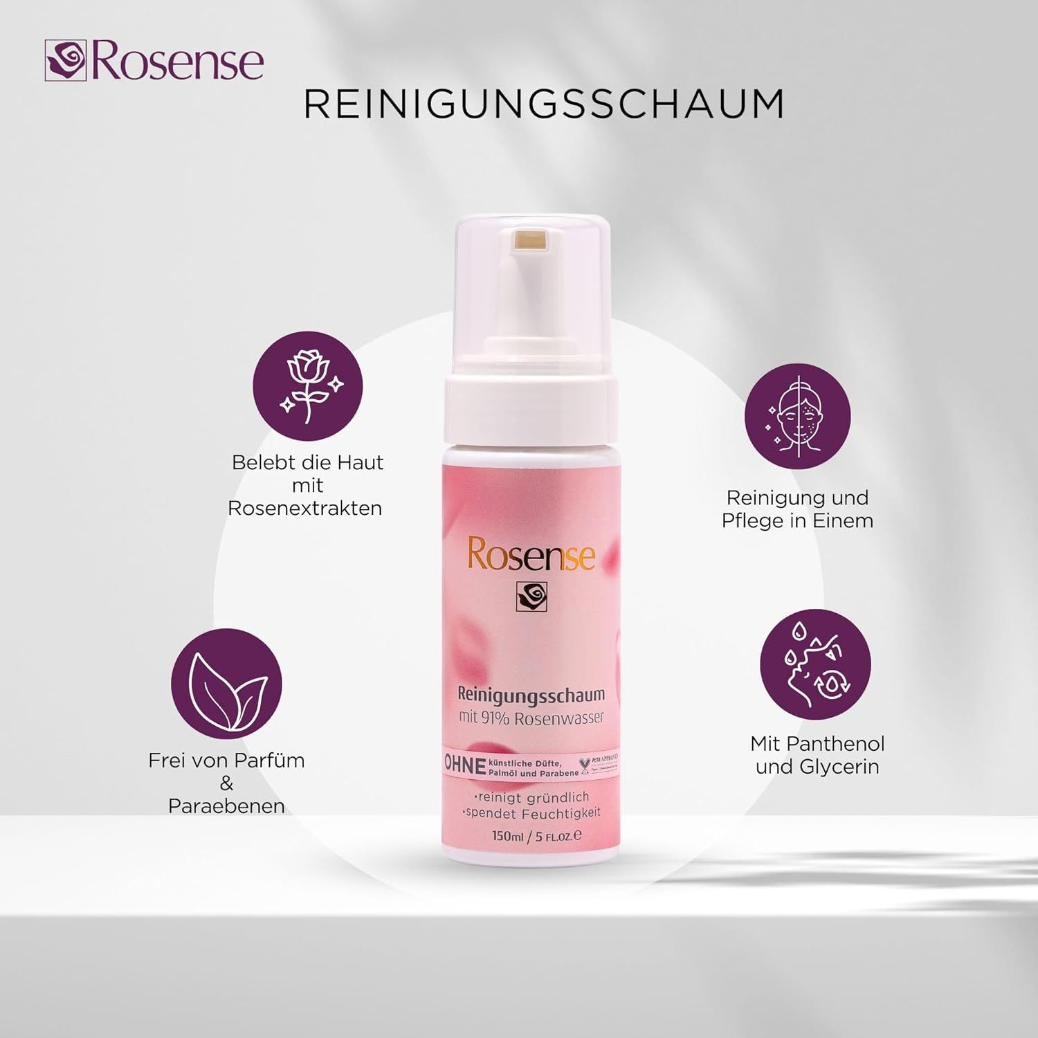 Flacone di schiuma detergente Rosense, etichetta rosa, circondato da icone. Testo: 91% acqua di rose, senza profumo, vegano.