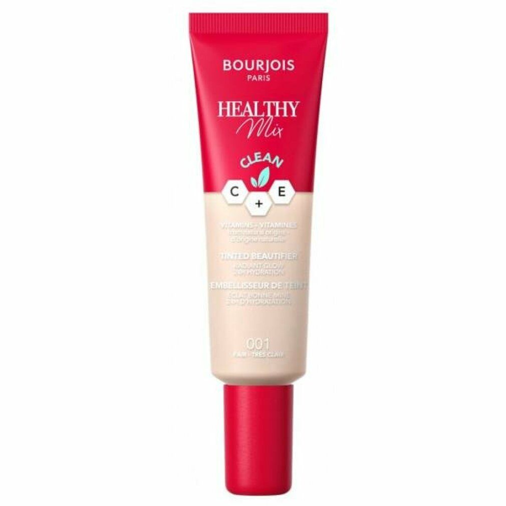 Bourjois Healthy Mix Beautifier. Tubo con tappo rosso. Tonalità 001. Scritta: Clean, Tinted Beautifier.