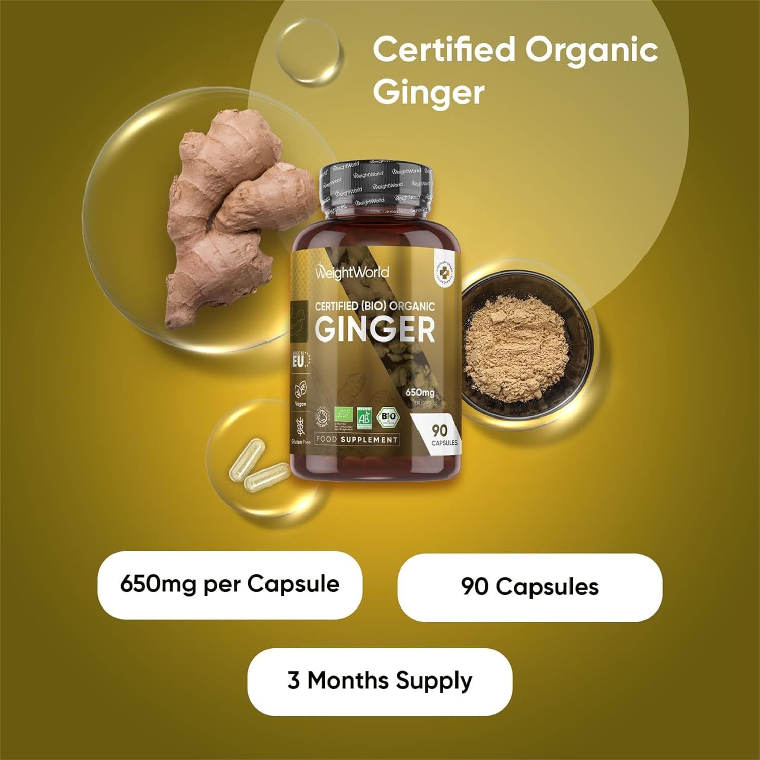 Flacone di capsule di zenzero, 90 capsule, fornitura per 3 mesi. Scritta: Certified Organic Ginger, 650mg per capsula.