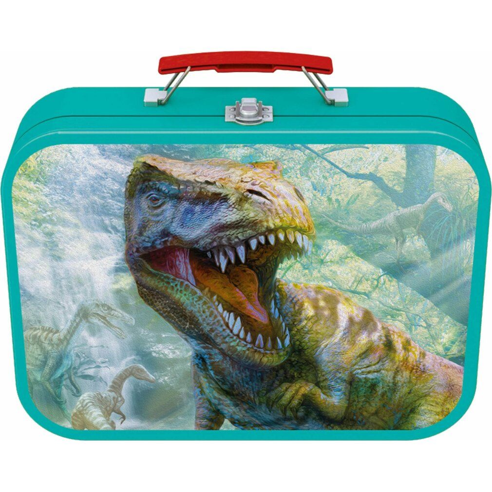 Puzzle completato con motivi di dinosauri. Diversi dinosauri in un paesaggio con alberi e un vulcano.