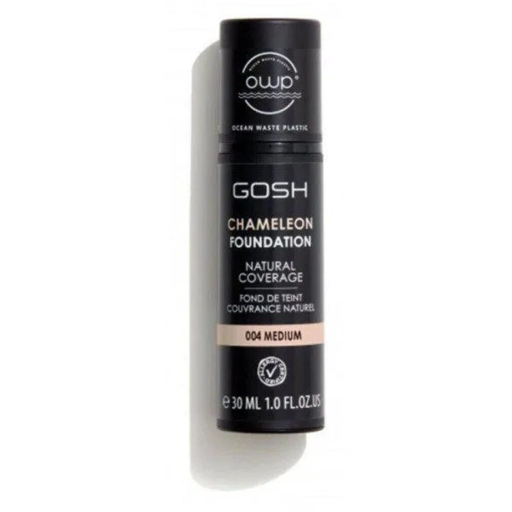 GOSH Chameleon Foundation, Natural Coverage, 004 Medium. Tubo nero con informazioni e certificazione.