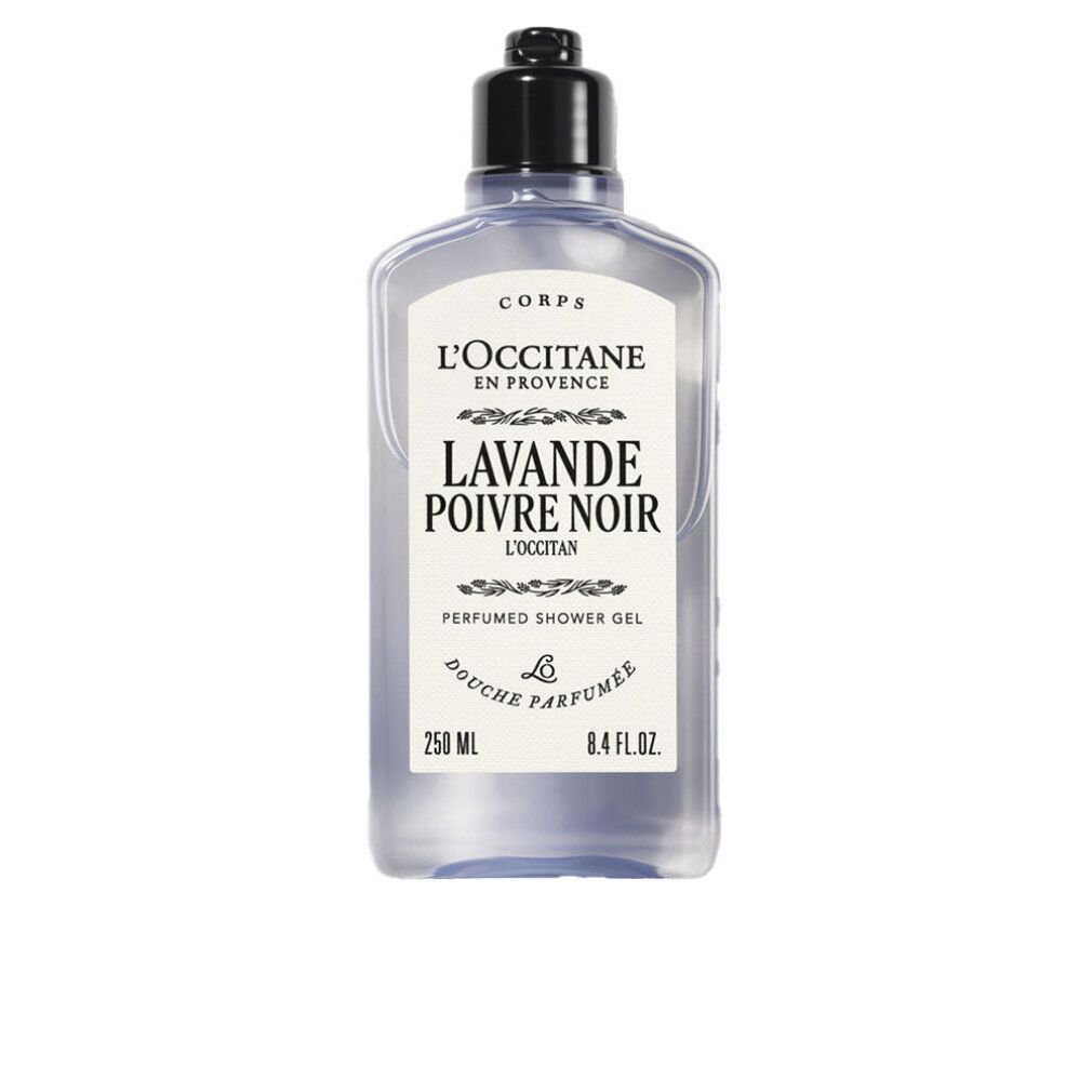 Gel doccia in flacone trasparente, tappo nero. Etichetta con nome prodotto e marchio.