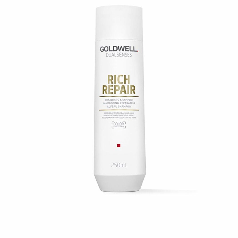 Shampoo bianco con logo Goldwell e scritta Rich Repair. Flacone con tappo bianco e quadrato rosso.