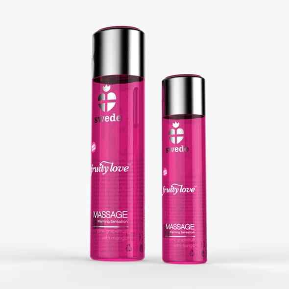 Due flaconi rosa con tappi argentati. Scritte: swede, fruity love, Massage. Prodotto trasparente.