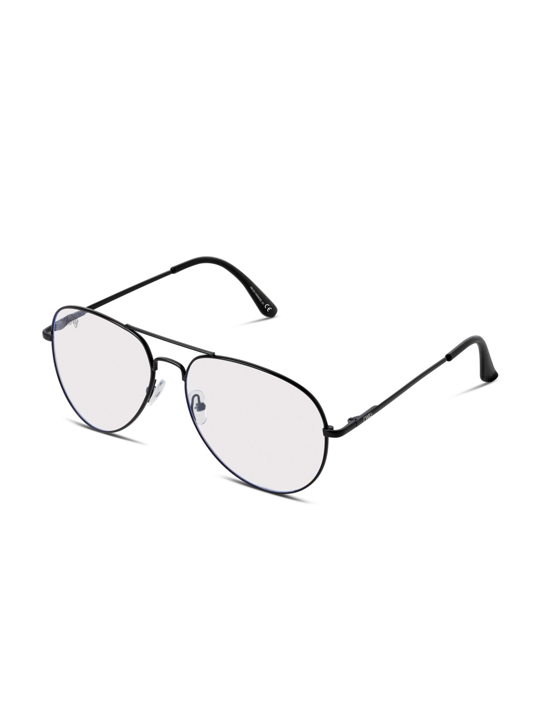 Occhiali neri, montatura in metallo, lenti rotonde. Marchio Twig. Modello unisex. Vista prospettica.