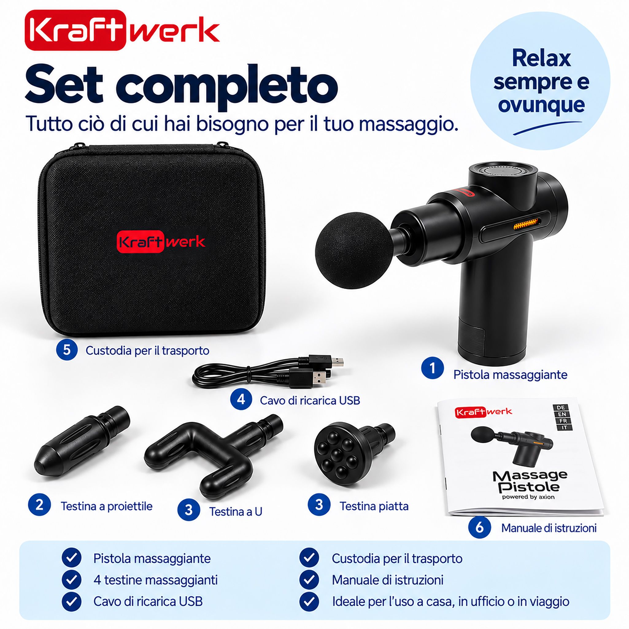 Pistola massaggiante caricata via USB-C con laptop, powerbank o alimentatore.