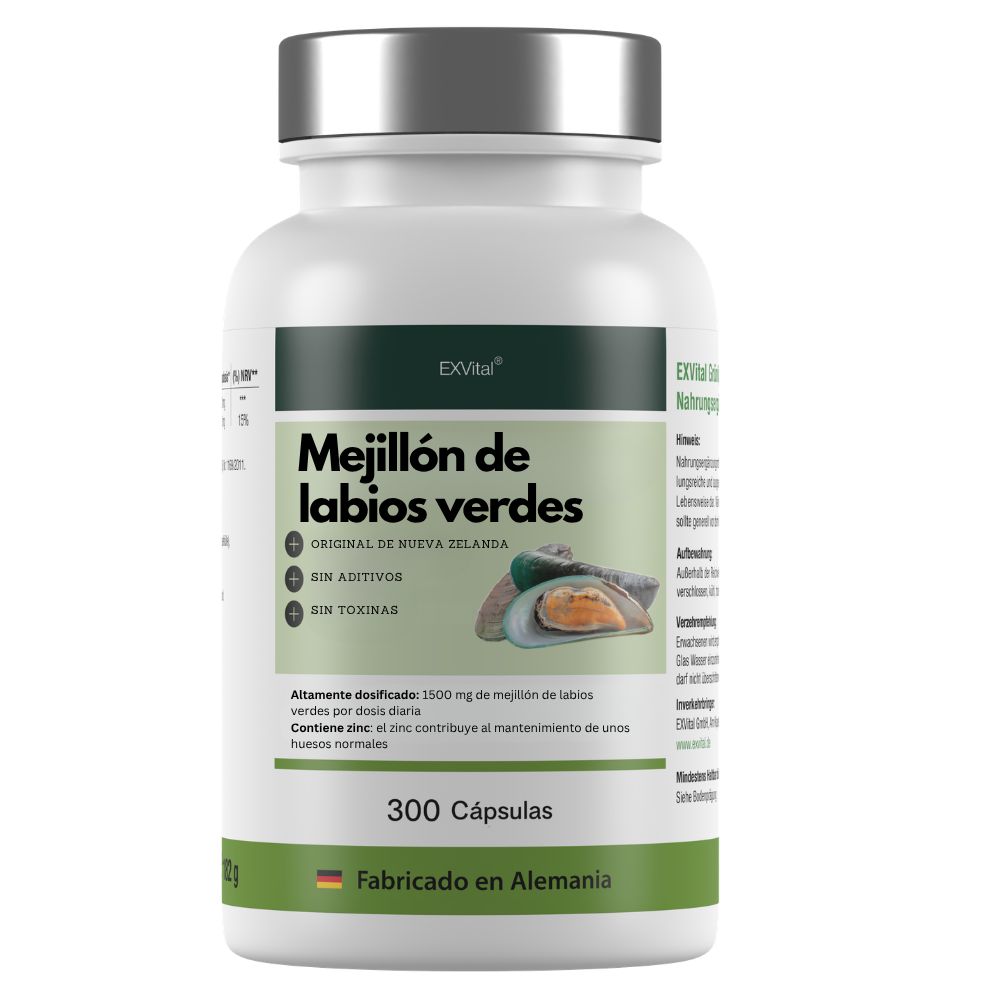 Flacone di prodotto con 300 capsule. Testo: Cozza verde. Originale della Nuova Zelanda. Senza additivi. Senza tossine. Prodotto in Germania.