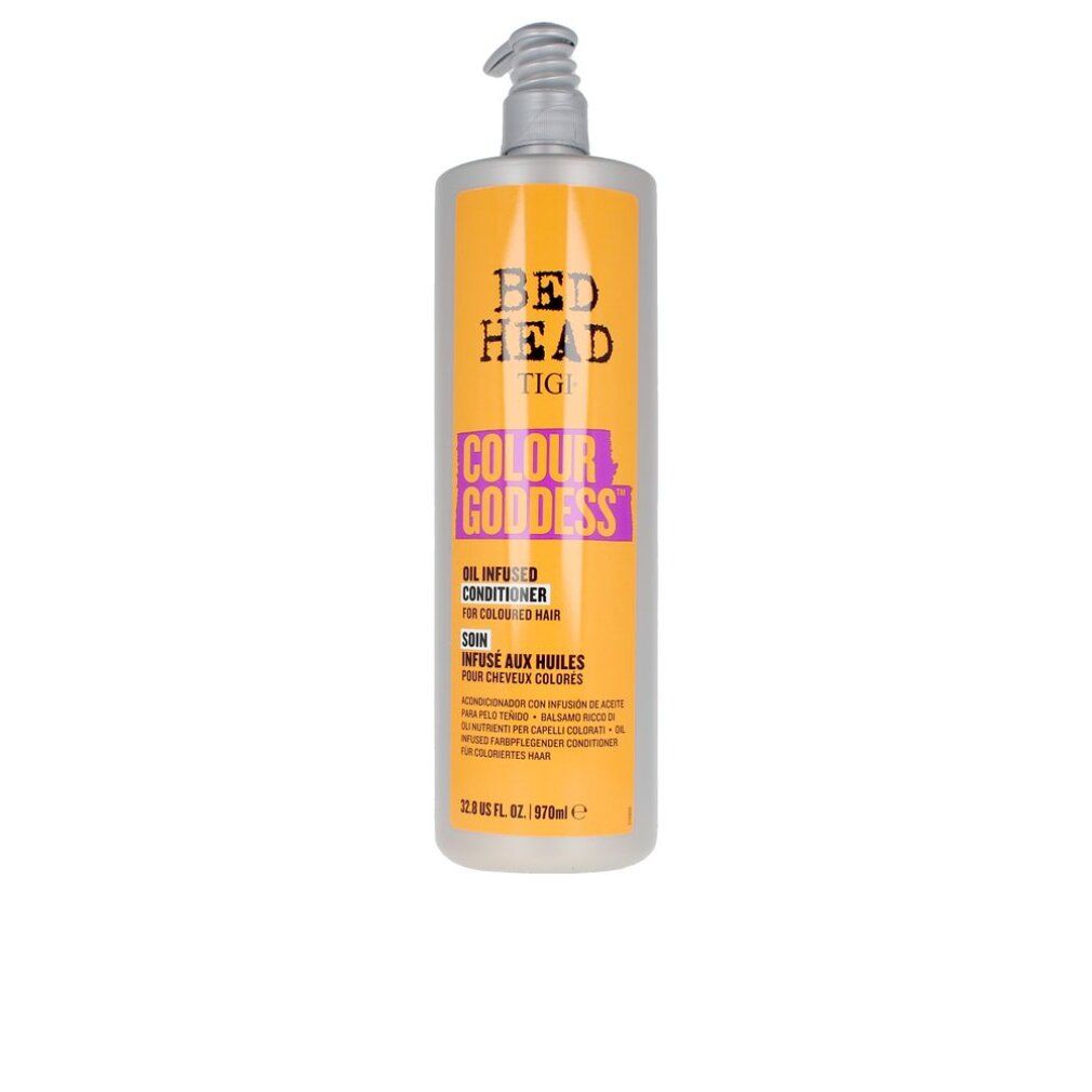 Flacone di balsamo Bed Head TIGI Colour Goddess con erogatore, etichetta arancione.