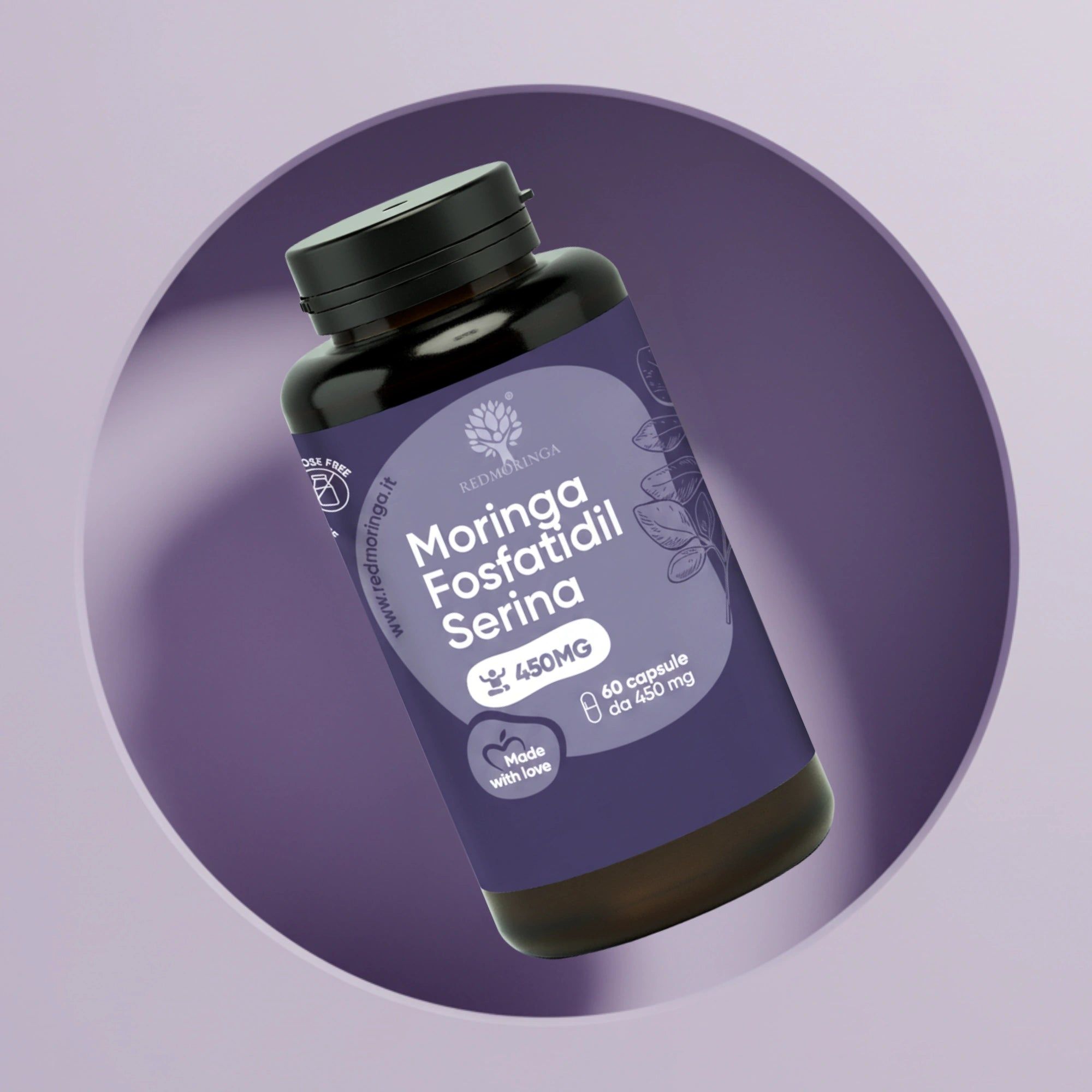 Flacone marrone con etichetta viola. Scritta: Moringa Fosfatidil Serina 450mg. 60 capsule. In un cerchio viola.