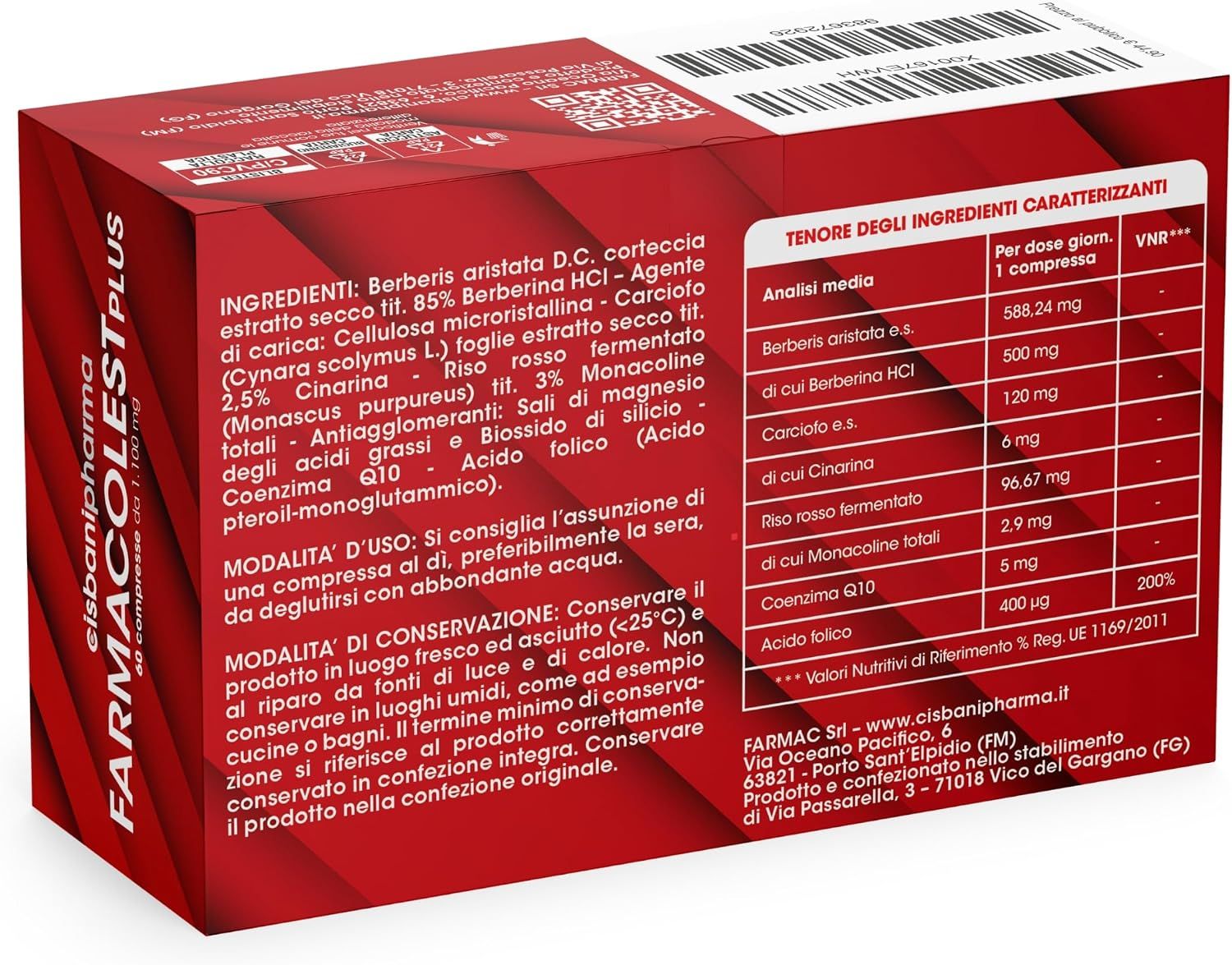 Cisbani Pharma Farmacolest Plus ingredienti: Riso rosso fermentato, berberina, monacolina K.