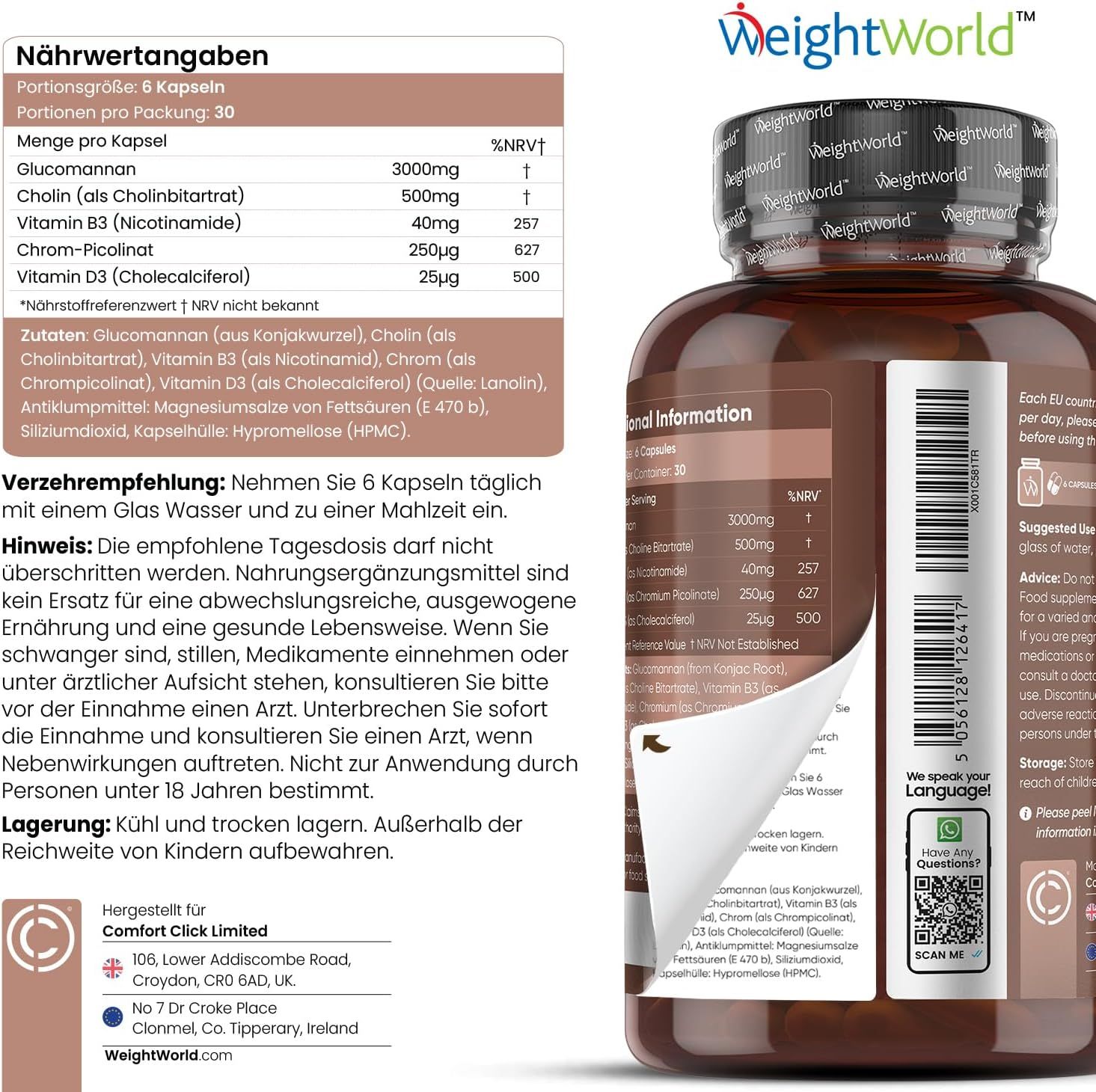 Tabella nutrizionale e informazioni su Glucomannan Komplex. Flacone con capsule. Marchio: WeightWorld.