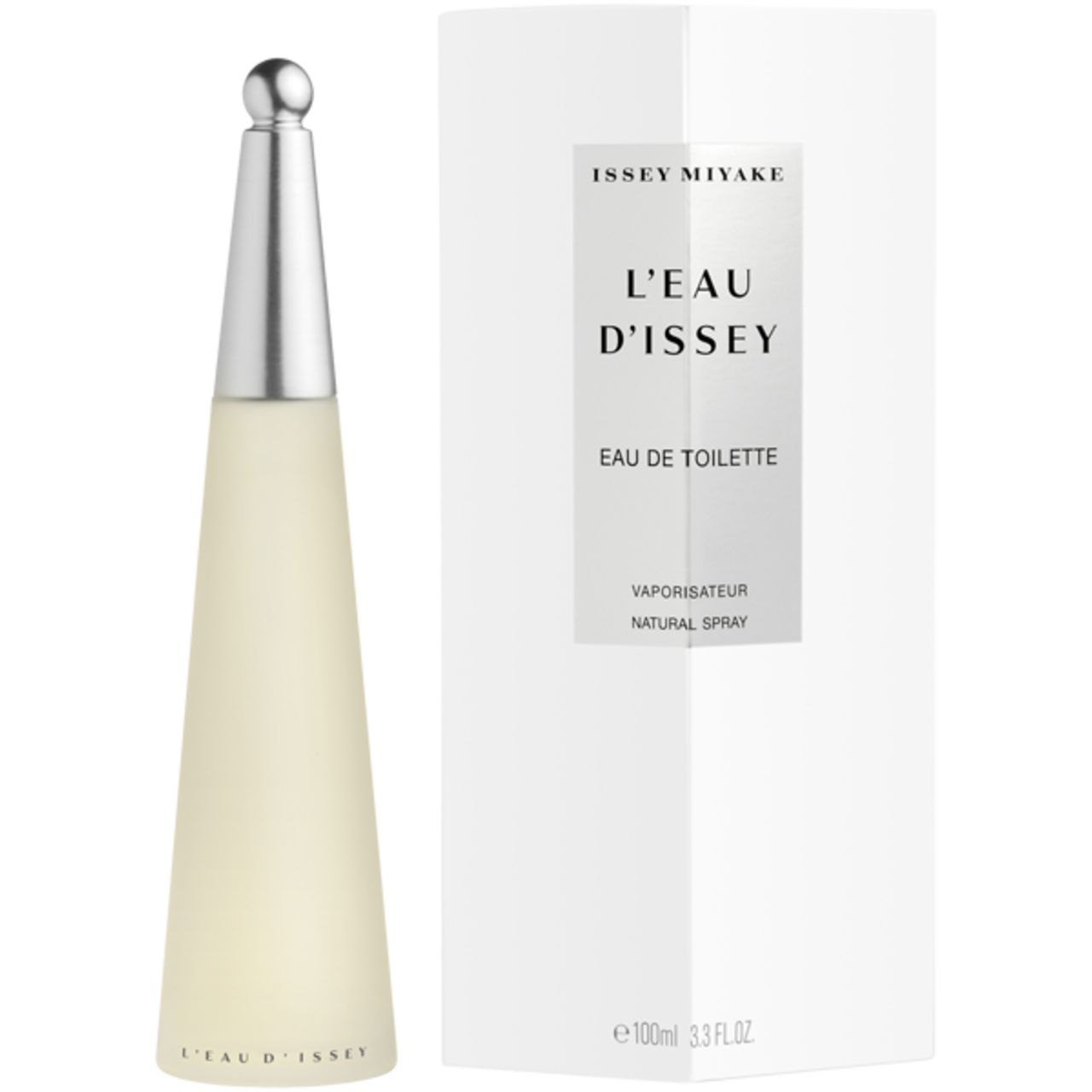 Flacone di profumo e confezione. Scritta 'Issey Miyake L'Eau d'Issey Eau de Toilette'.