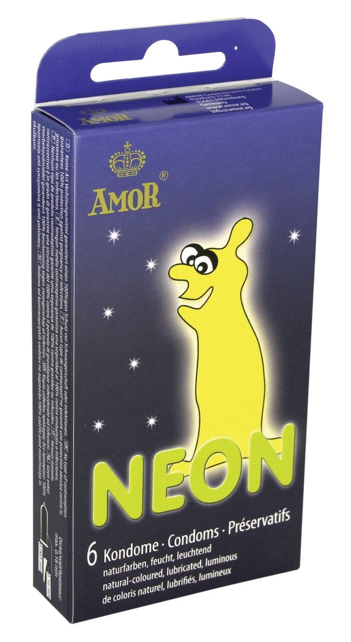 Confezione da 6 preservativi Amor Neon, naturali, lubrificati, luminosi.