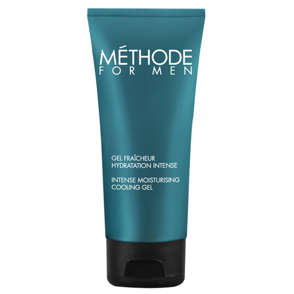 Tubo turchese con scritta 'Méthode For Men' e 'Intense Moisturising Cooling Gel'.