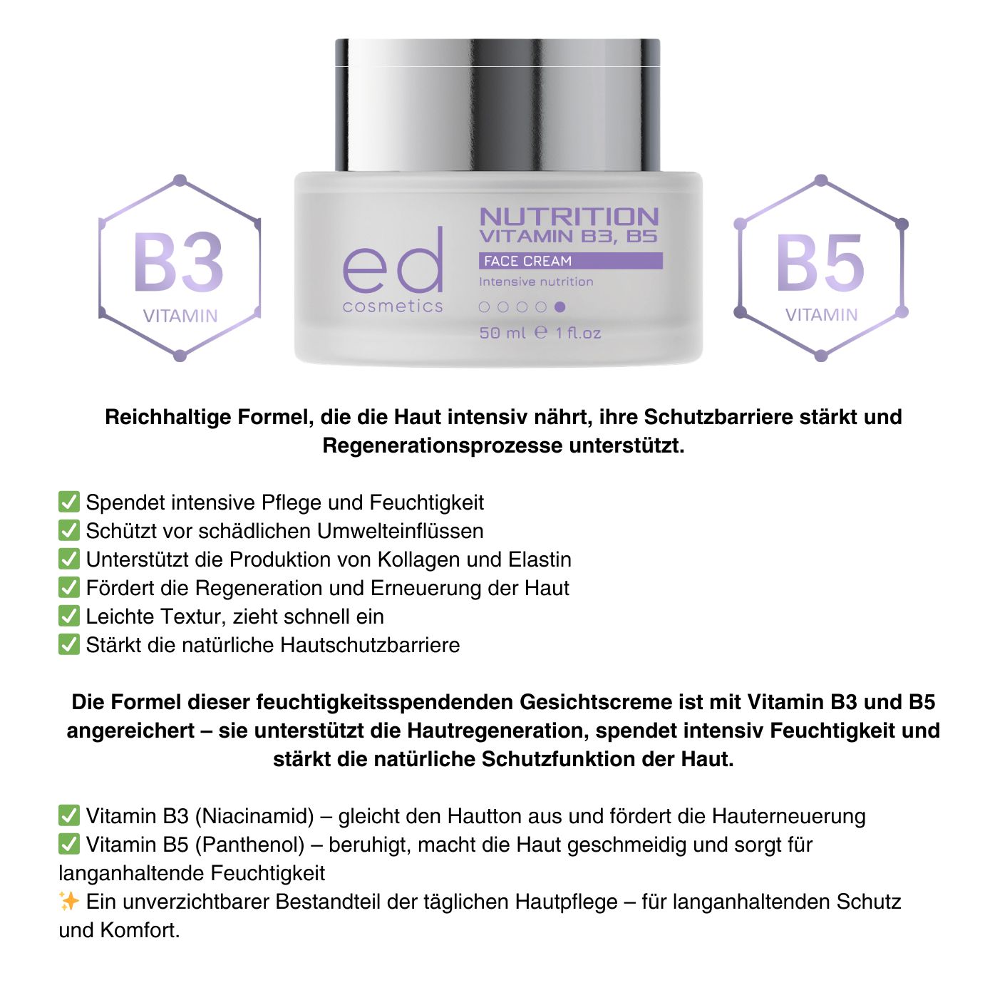 Vasetto di crema con coperchio argentato. Testo e loghi delle vitamine B3 e B5. Testo in tedesco.