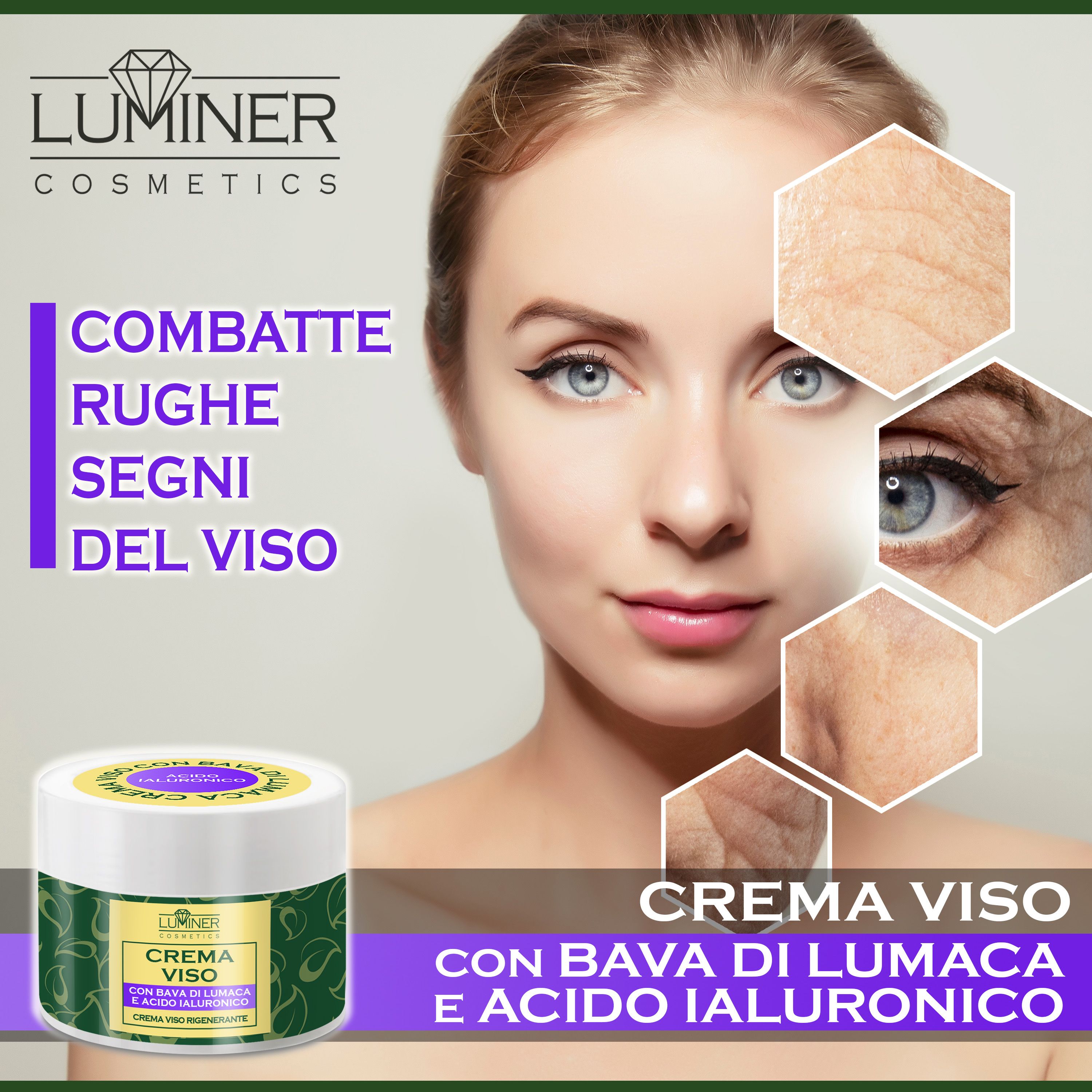 Donna con primi piani della pelle, vasetto e testo "Combatte rughe e segni del viso".