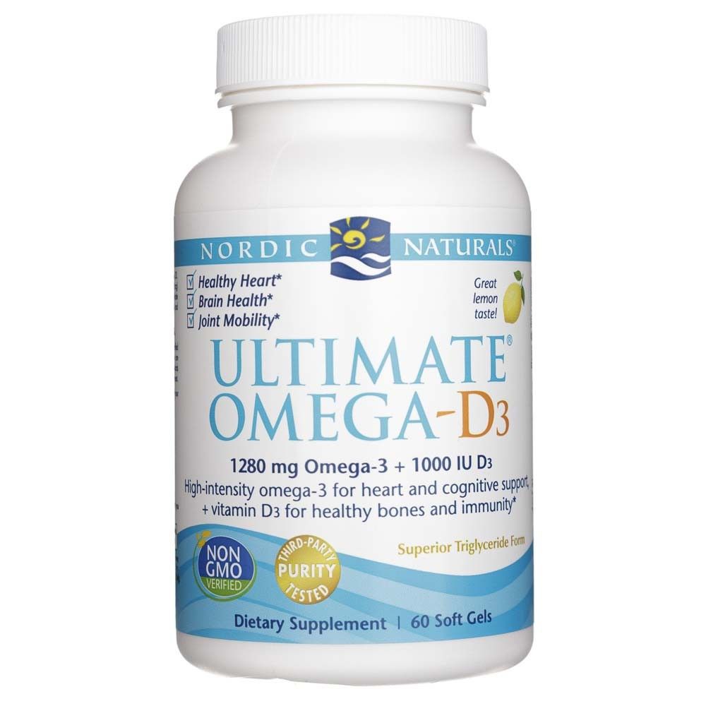 Flacone Nordic Naturals Ultimate Omega-D3 da 60 soft gel, Non-OGM e testato da terzi per la purezza.