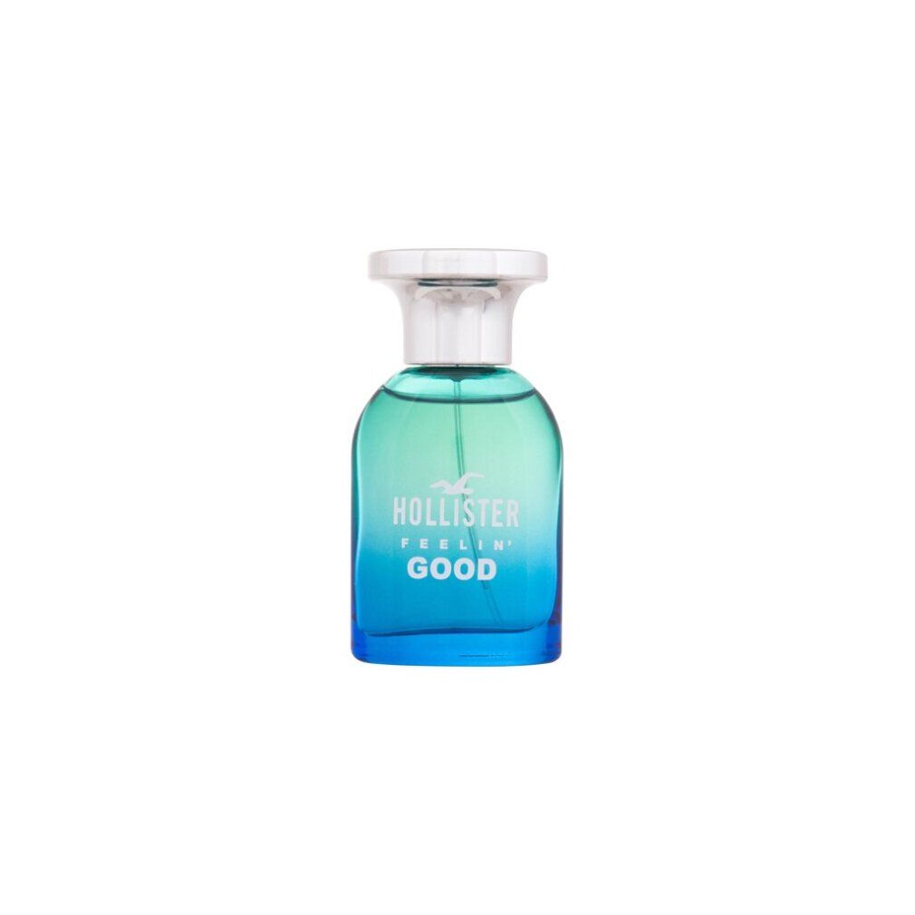 Flacone blu-verde con tappo argentato. Scritta: Hollister Feelin' Good. Logo: gabbiano. Eau de Toilette Spray.