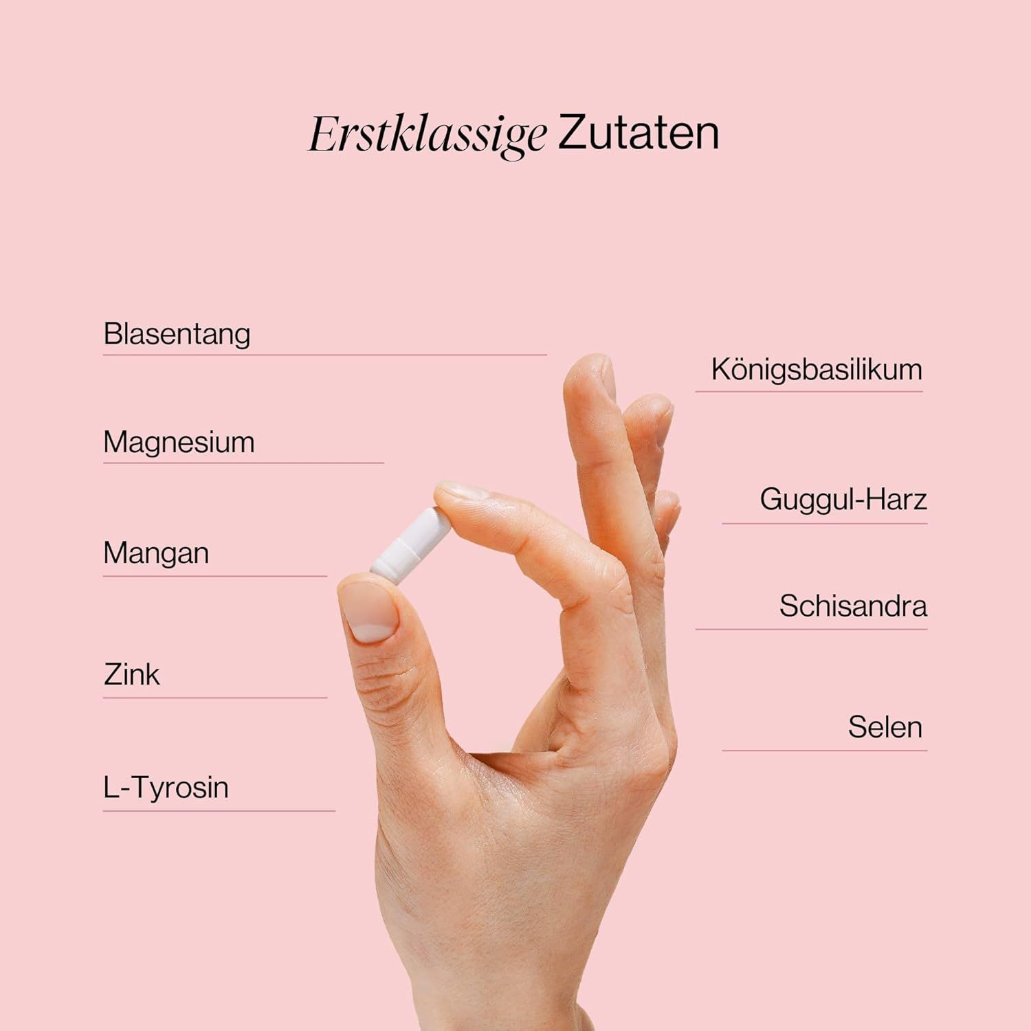 Mano che tiene una capsula. Ingredienti: Alga Bladderwrack, magnesio, manganese, zinco, L-tirosina, basilico sacro, guggul, schisandra, selenio.