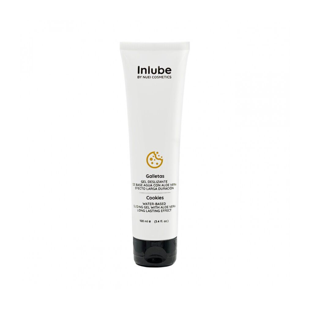 Tubo bianco con tappo nero. Scritta: Inlube by NUEI Cosmetics. Testo: Cookies, gel lubrificante all'aloe vera.