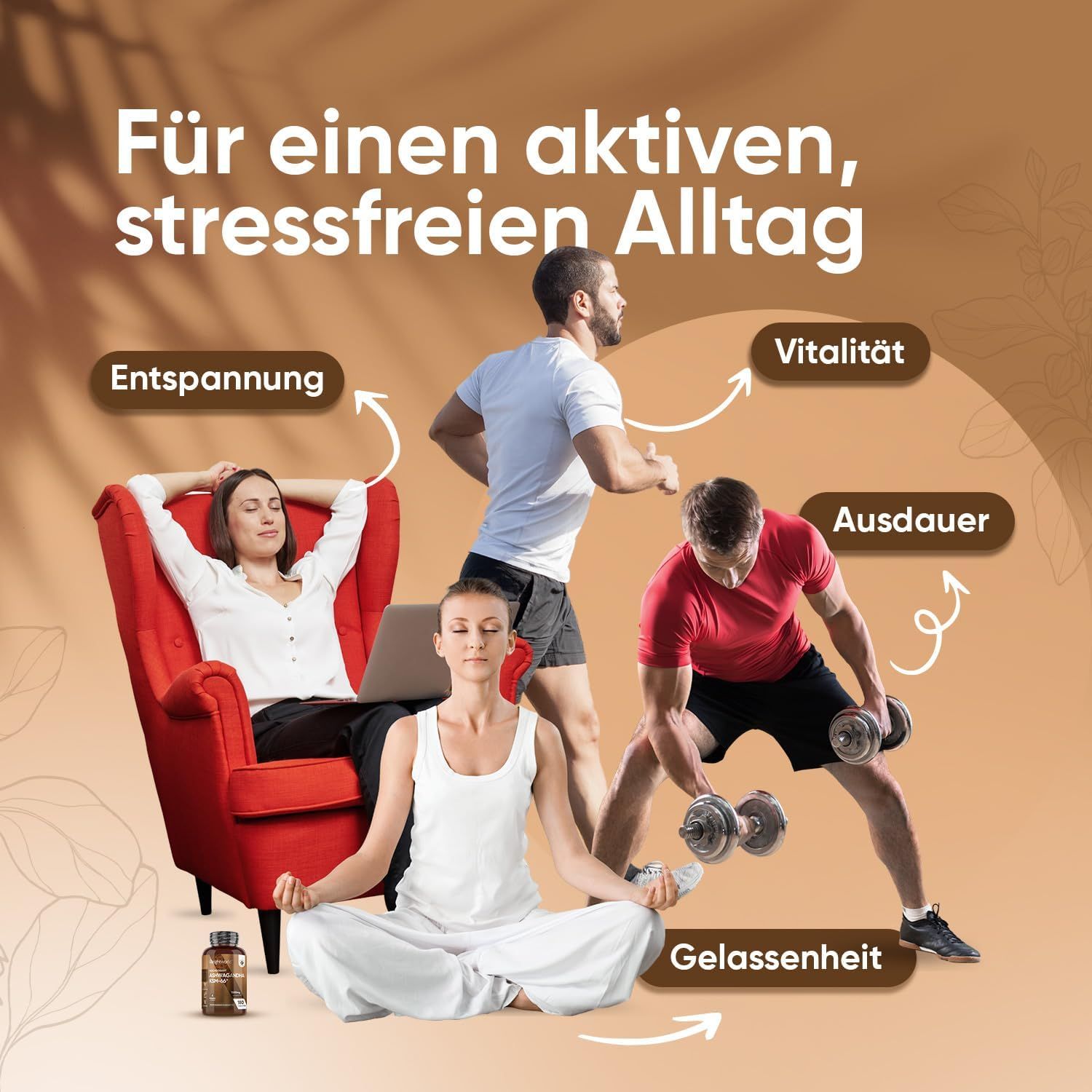 Persone in diverse pose: relax, vitalità, resistenza, serenità. Testo: Per una vita quotidiana attiva e senza stress.