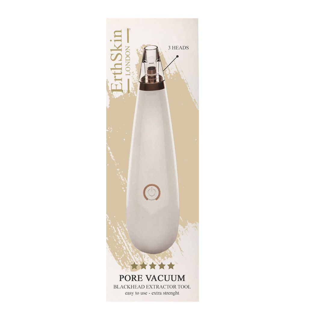 Dispositivo bianco ErthSkin London Pore Vacuum su confezione. Scritta: Pore Vacuum, Blackhead Extractor Tool, 3 testine.