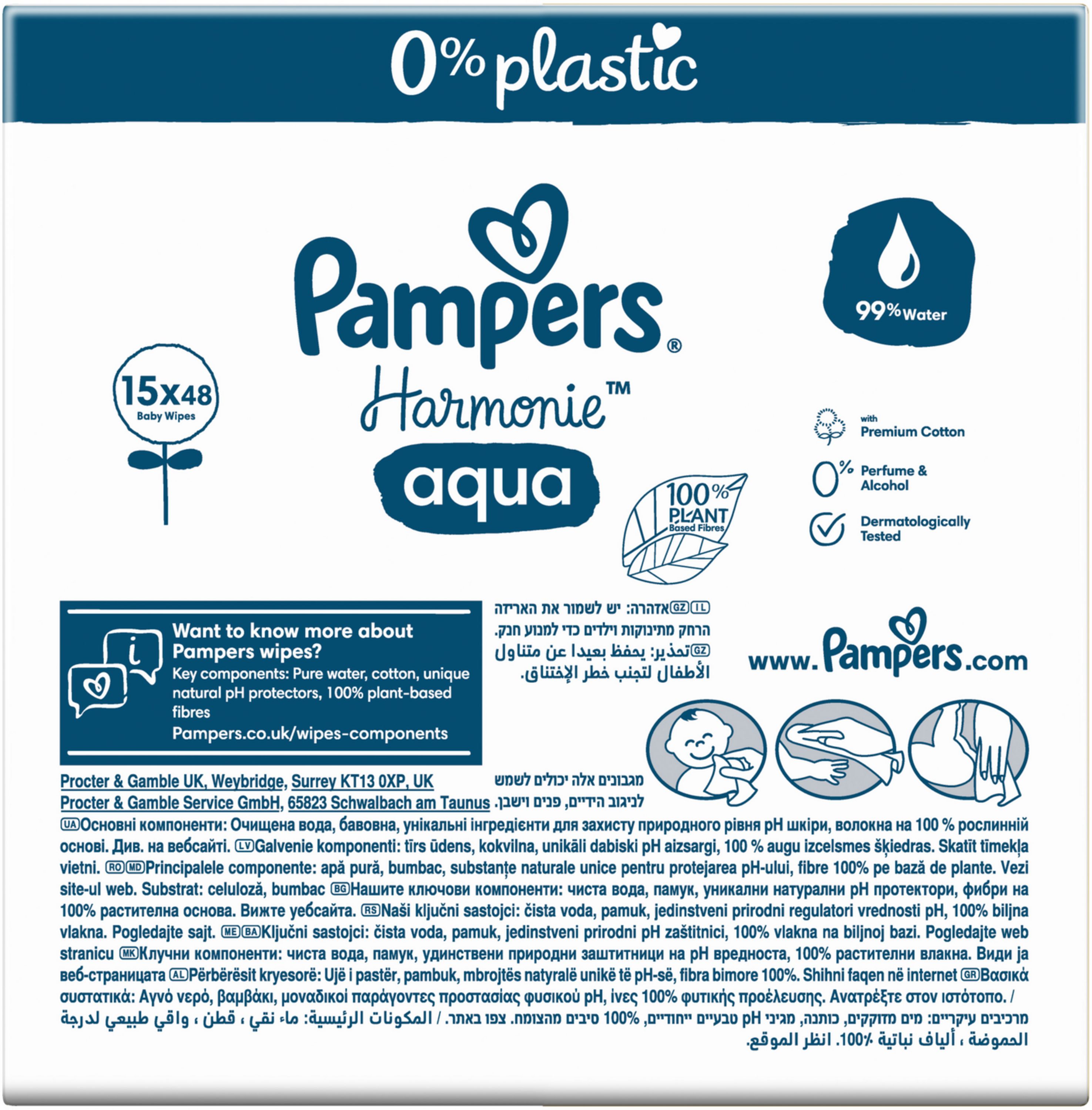 Retro salviettine Pampers Harmonie Aqua con ingredienti e istruzioni.