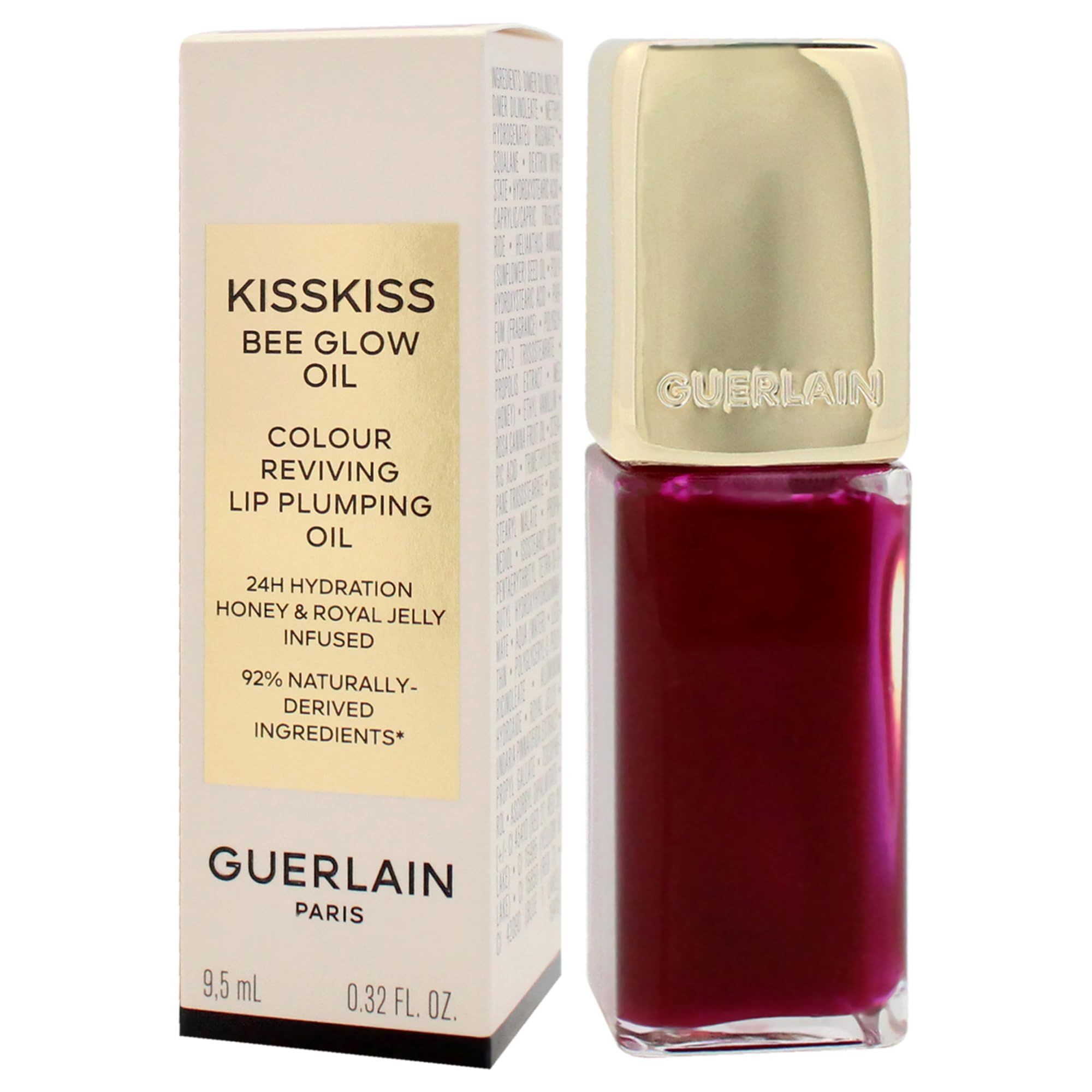 Olio per labbra e confezione. Sulla confezione c'è scritto "KISSKISS BEE GLOW OIL" e "GUERLAIN PARIS".