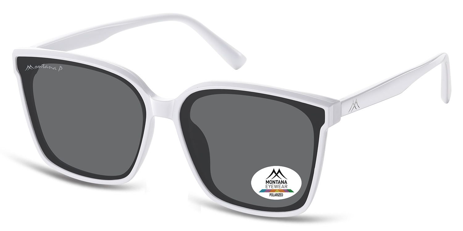 Occhiali da sole con montatura bianca e lenti grigie. Il logo Montana Eyewear e la scritta 'Polarized' sono visibili su una lente.
