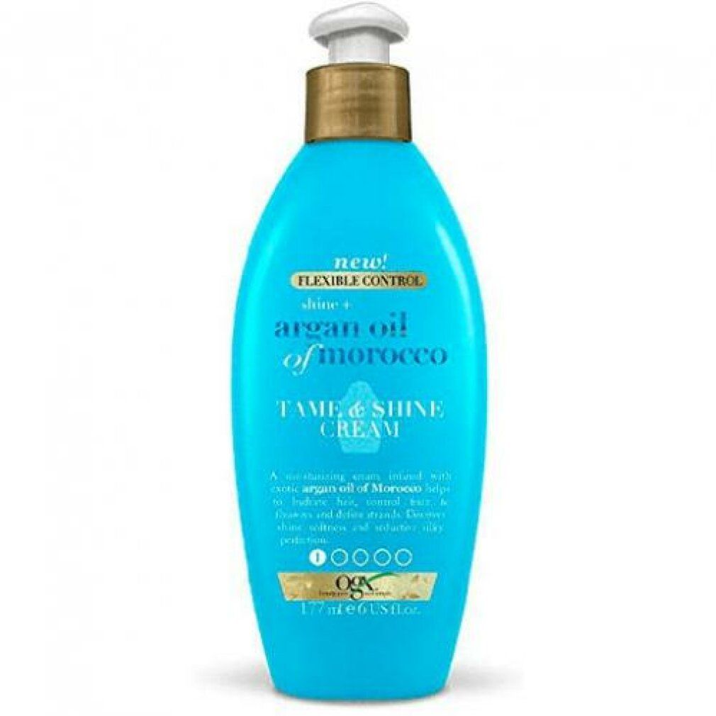 Flacone blu turchese con dosatore. Scritta: Argan Oil of Morocco Tame & Shine Cream. 177ml/6 US fl oz.