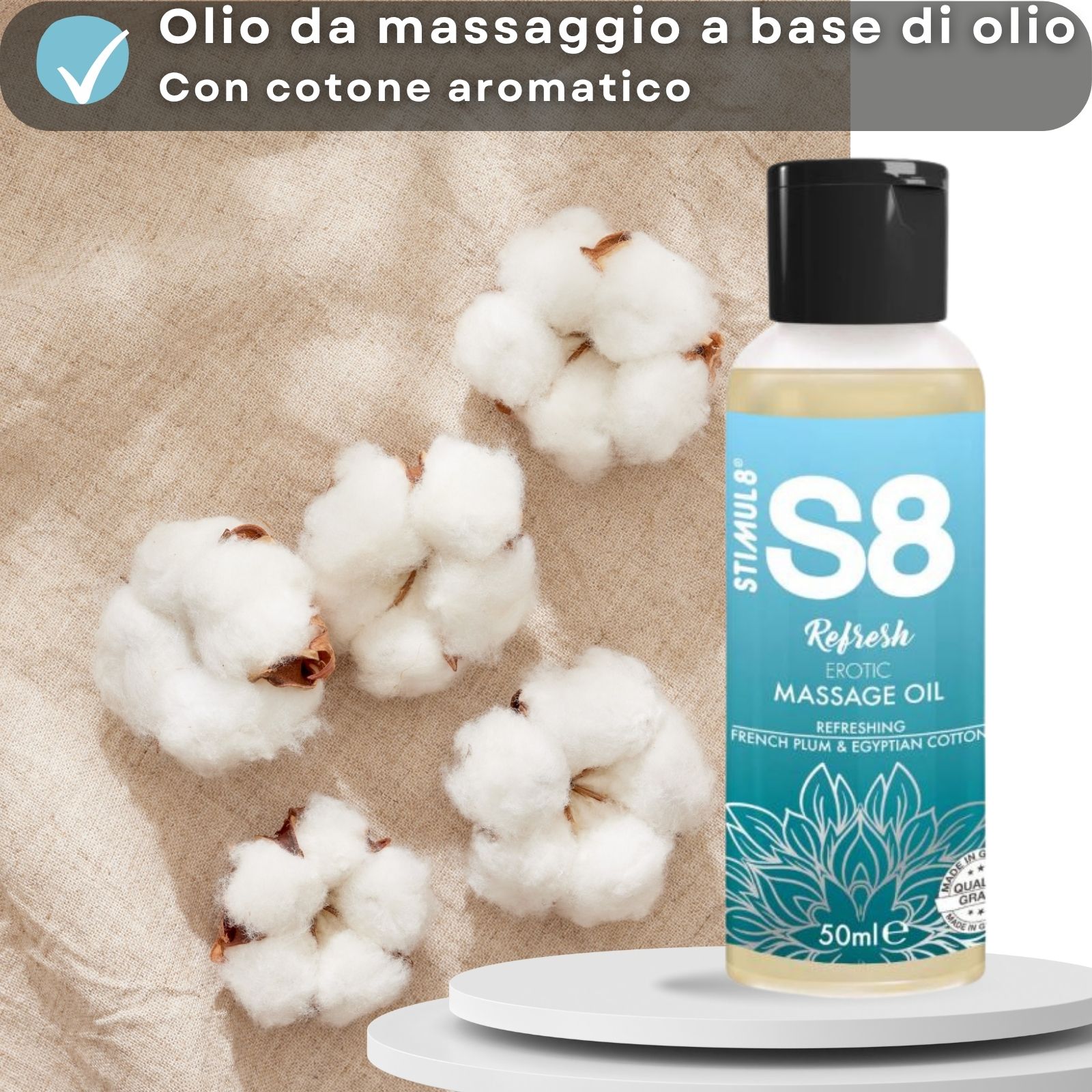Olio da massaggio a base di olio con aroma Cotton. Flacone con tappo nero. Testo: S8, Refresh, 50ml. Fiori di cotone.