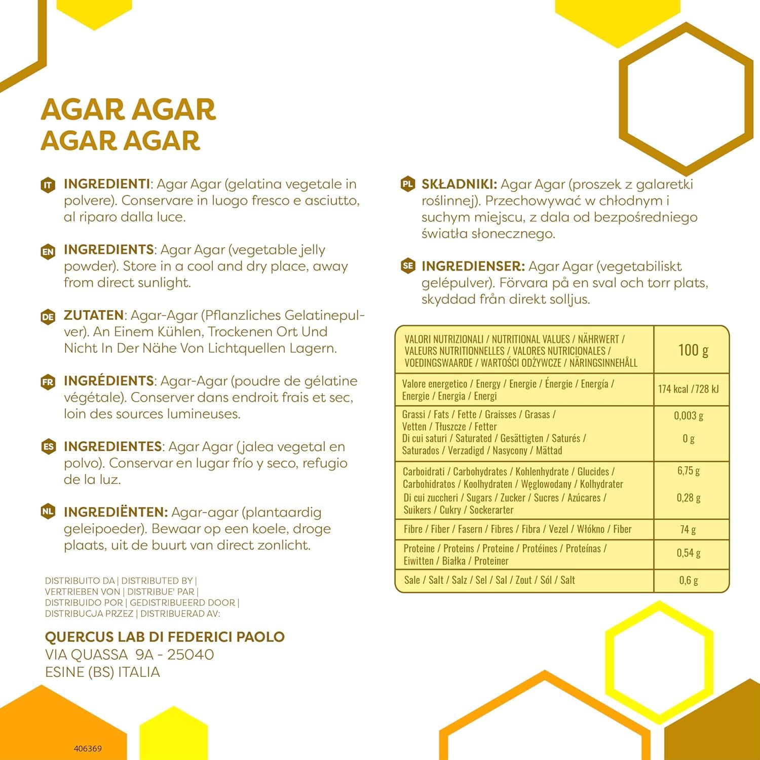 Pagina di testo con informazioni sull'Agar Agar. Contiene informazioni nutrizionali ed elenchi di ingredienti.