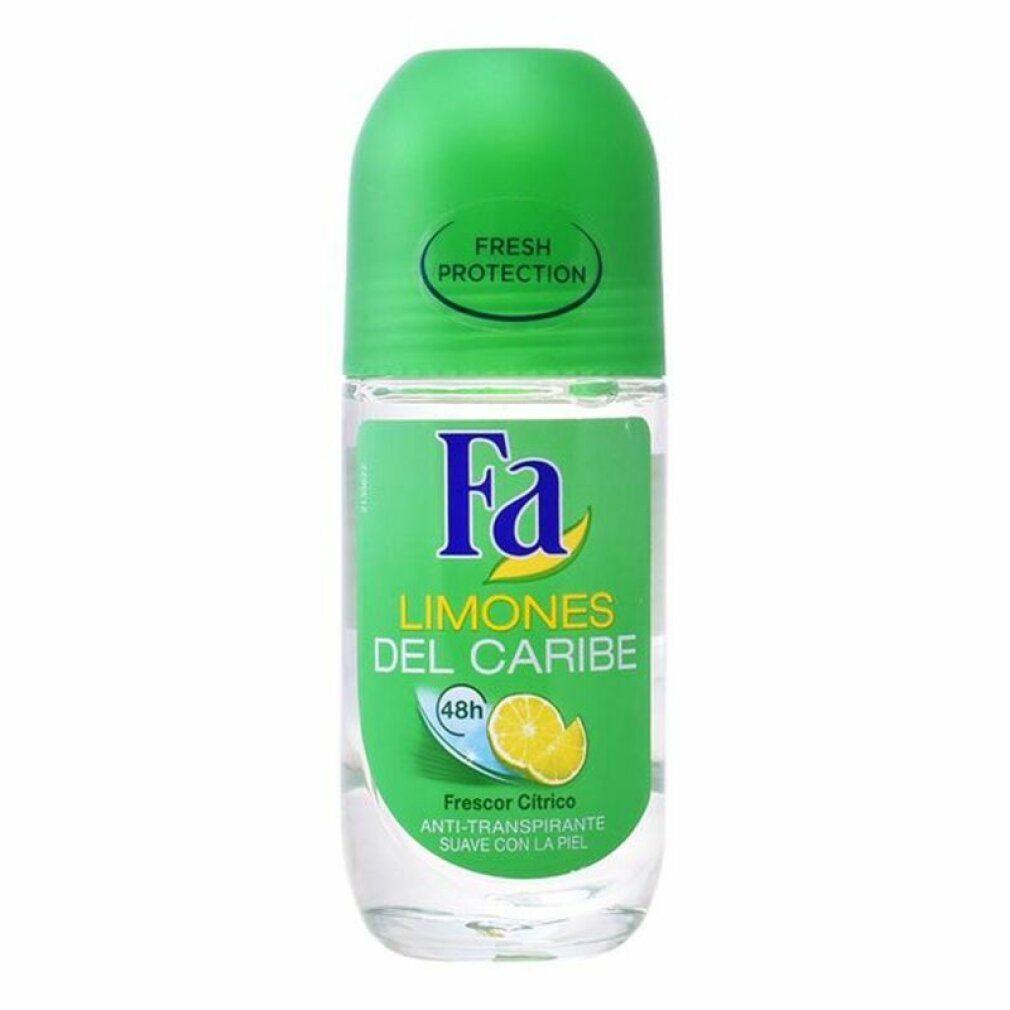 Roll-on deodorante con tappo verde. Scritta "Fa" e "LIMONES DEL CARIBE". Immagine di limone. "48h" e "ANTI-TRANSPIRANTE".