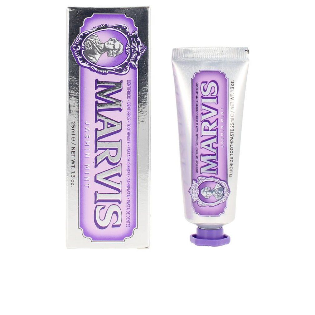 Tubo e scatola di dentifricio. Scritta: MARVIS, Jasmin Mint, 25ml. Dettagli viola. Scatola accanto.