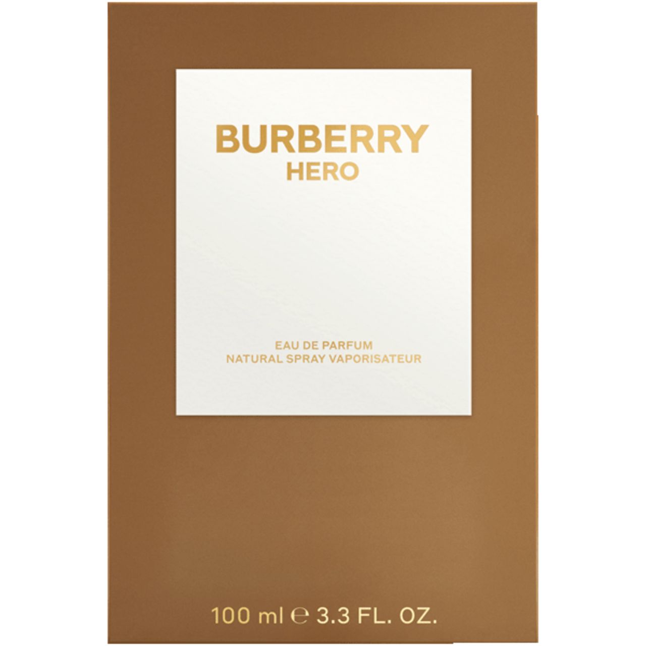 Confezione Burberry Hero E.d.P. Nat. Spray. Scatola marrone con riquadro bianco e scritta dorata.