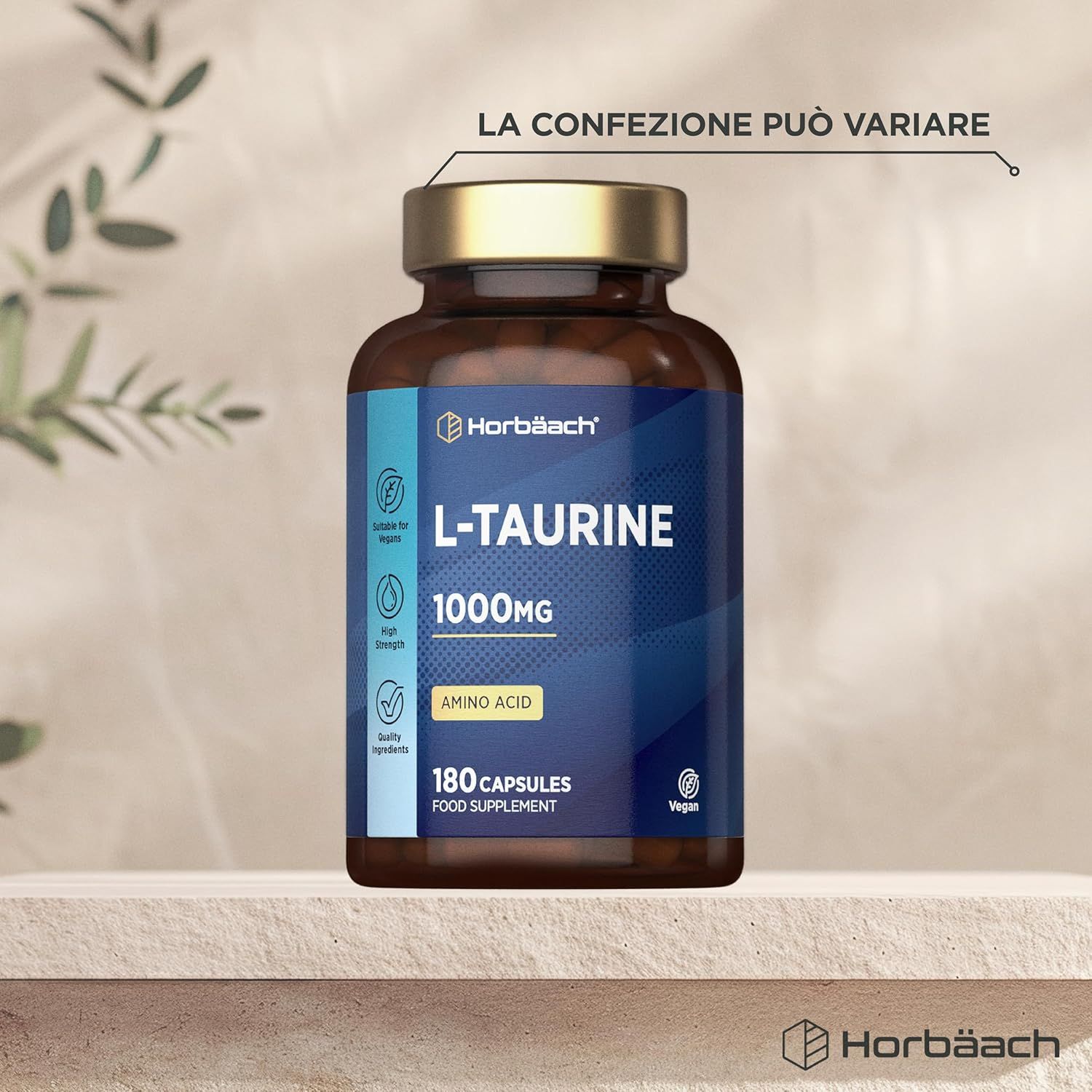 Flacone marrone con capsule. Scritta: L-TAURINA 1000mg. 180 capsule. Aminoacido. Vegano.