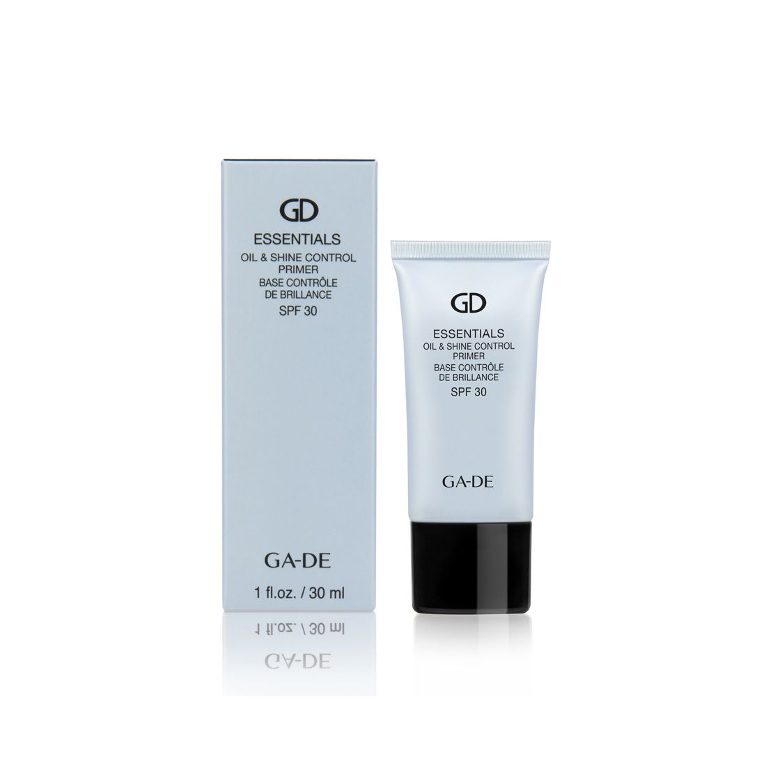 Tubo primer e scatola. Scritta: GD Essentials Oil & Shine Control Primer SPF 30. Chiusura nera.