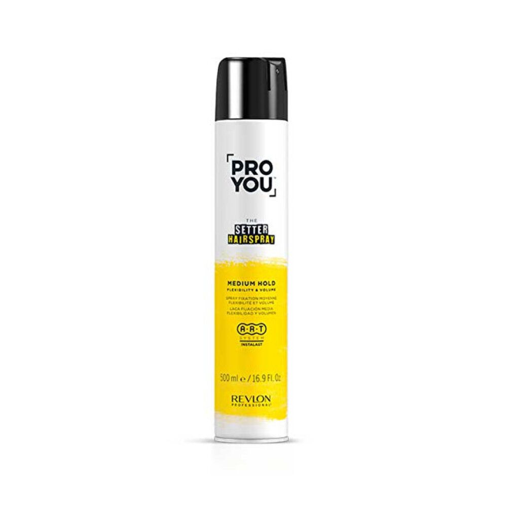 Bomboletta spray bianca e nera. Scritta: PRO YOU, THE SETTER HAIRSPRAY, MEDIUM HOLD. Area gialla con testo e logo.